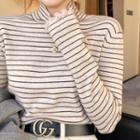 Mock-neck Lettuce Edge Striped Knit Top