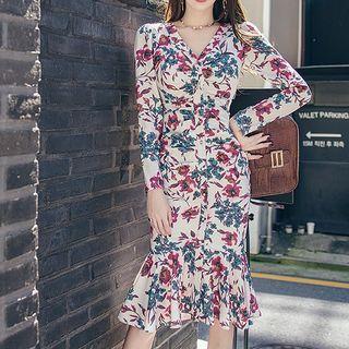 Long-sleeve Floral Print V-neck Mermaid Dress