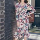 Long-sleeve Floral Print V-neck Mermaid Dress