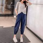Set: Elbow-sleeve Knotted Knit Top + Cropped Harem Pants