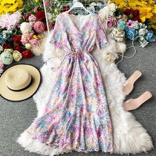 V-neck Tie-waist Ruffle Chiffon Dress