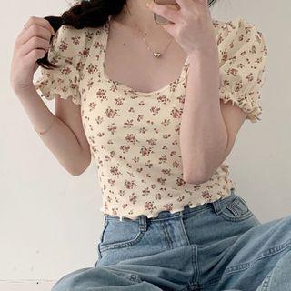 Puff-sleeve Square Neck Floral Top