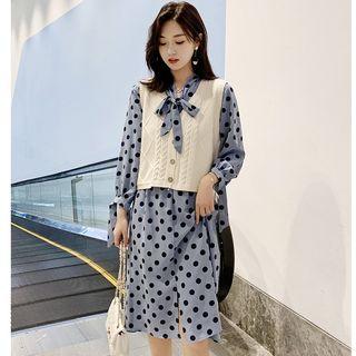 Dotted Long-sleeve A-line Dress / Knit Vest