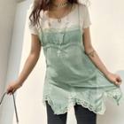 Lace Trim Mini Chiffon Overall Dress