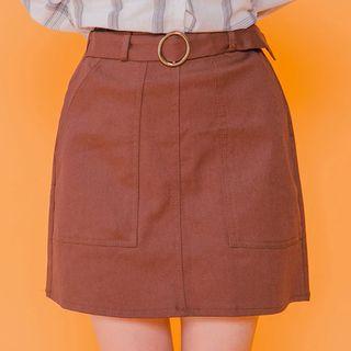 Band-waist Buckled-front Mini Skirt