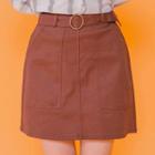 Band-waist Buckled-front Mini Skirt