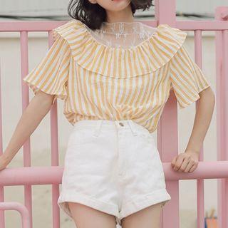 Pinstripe Short-sleeve Mesh Panel Top