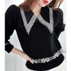 Pointy-collar Pattern Knit Top