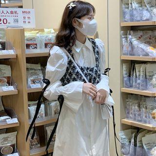 Long-sleeve Puff-sleeve Midi Shirtdress / Flower Print Vest