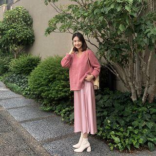 Drawcord-waist Long Satin Skirt Pink - One Size