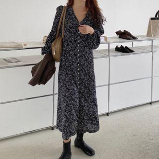 Floral Long-sleeve Midi A-line Dress Floral Print - Black & White - One Size