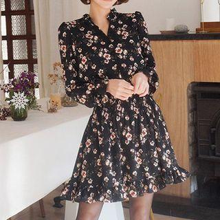 Long-sleeve Floral Print Chiffon A-line Mini Dress
