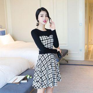 Houndstooth Long-sleeve A-line Dress