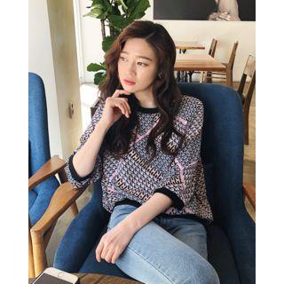 Elbow-sleeve Geo Pattern Blouson Top