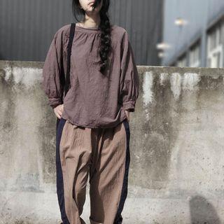 3/4-sleeve Linen Blouse Purple - One Size