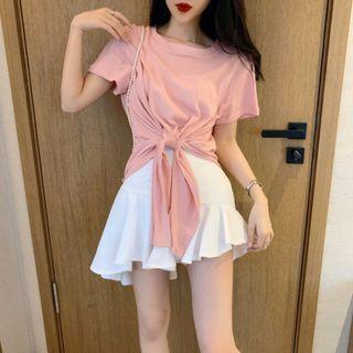 Short-sleeve Tie-front T-shirt / Asymmetrical Mini Mermaid Skirt