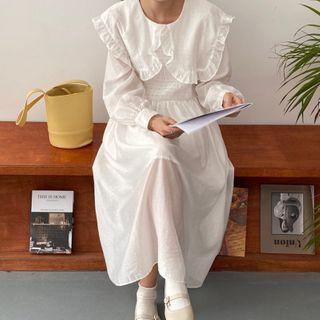 Ruffled Collared Long-sleeve Midi A-line Dress