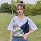 Mock Two-piece Short-sleeve Check Panel T-shirt