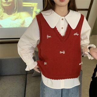 V-neck Bow Knit Vest / Lantern-sleeve Peter Pan Collar Shirt