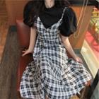 Set: Plain Puff-sleeve Top + Spaghetti Strap Plaid Midi A-line Dress