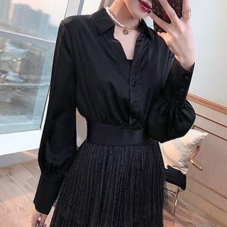 Set: Cropped Shirt + Glitter Midi A-line Mesh Pinafore Dress