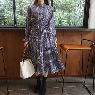 Mock-neck Floral Print Long Dress Sky Blue - One Size