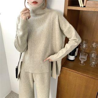 Plain Turtle-neck Long-sleeve Loose-fit Knit Top / Knit Pants