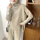 Plain Turtle-neck Long-sleeve Loose-fit Knit Top / Knit Pants