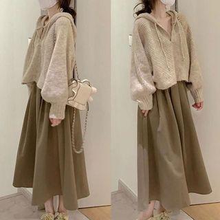V-neck Hoodie / Plain Midi Skirt / Set