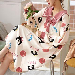 Sailor Collar Long-sleeve Print Sleep Dress