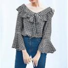 Bell-sleeve Checked Ruffle Trim Top