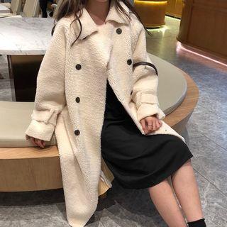 Double-breasted Fleece Long Coat White - One Size