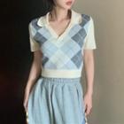 Short-sleeve Open Collar Argyle Knit Top Blue & White - One Size