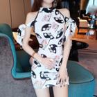 Printed Cold Shoulder Short-sleeve Bodycon Dress