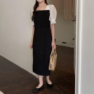 Puff-sleeve Two-tone Midi A-line Dress Black - One Size