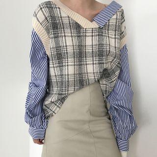 Pinstriped Panel Blouse Blue & White Stripe - Plaid - Gray & White - One Size