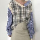Pinstriped Panel Blouse Blue & White Stripe - Plaid - Gray & White - One Size