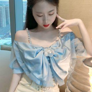Faux Pearl Cold-shoulder Puff-sleeve Ribbon Blouse