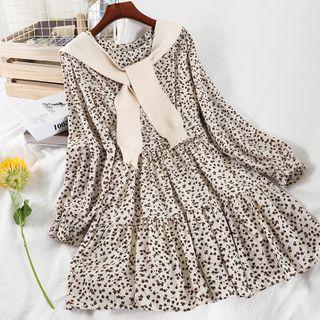 Set: Long-sleeve Floral Print Midi Dress + Knit Shawl