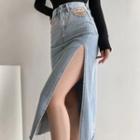 Slit Washed Denim Midi A-line Skirt