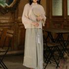 Set: Camisole + Long-sleeve Mesh Qipao Top + Maxi A-line Skirt