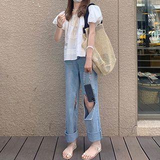 Short-sleeve Square-neck Blouse / Cutout Loose Fit Jeans / Set