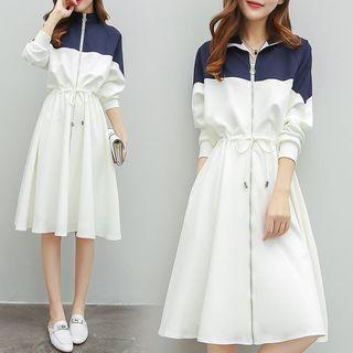 Long-sleeve Two Tone Zip-up A-line Dress