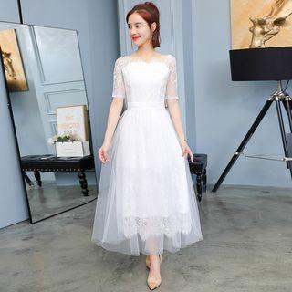 Elbow-sleeve Maxi A-line Lace Dress