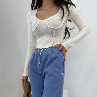 U-neck Overlock-stitched Crop Top