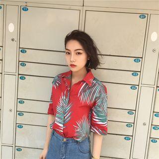 Leaf Print Elbow-sleeve Shirt