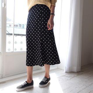 Band-waist Polka-dot Long Flare Skirt