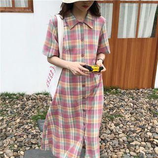 Short-sleeve Plaid Dress / Midi Dress