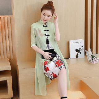 Printed Elbow-sleeve Midi Mock Two-piece Dress