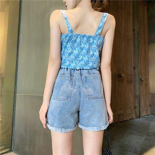 Wide Strap Floral Print Shirred Top / Washed Denim Shorts / Chiffon Shirt